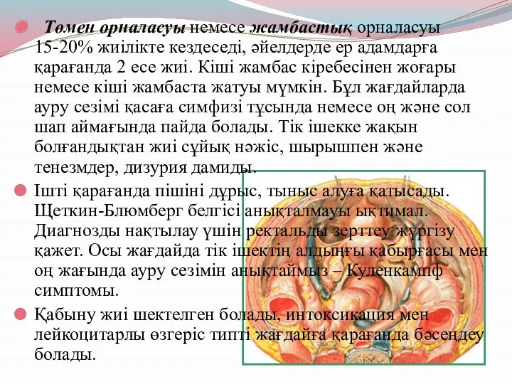 Төмен орналасуы немесе жамбастық орналасуы 15-20% жиілікте кездеседі, әйелдерде ер