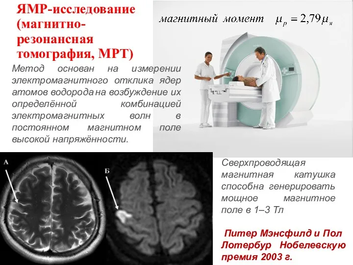 ЯМР-исследование (магнитно-резонансная томография, МРТ) Сверхпроводящая магнитная катушка способна генерировать мощное