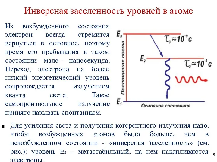 Инверсная заселенность уровней в атоме Для усиления света и получения