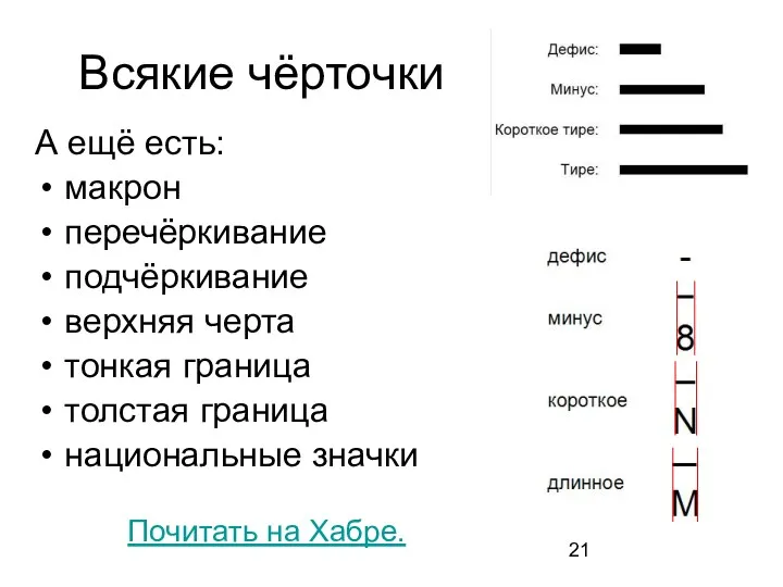 Всякие чёрточки А ещё есть: макрон перечёркивание подчёркивание верхняя черта