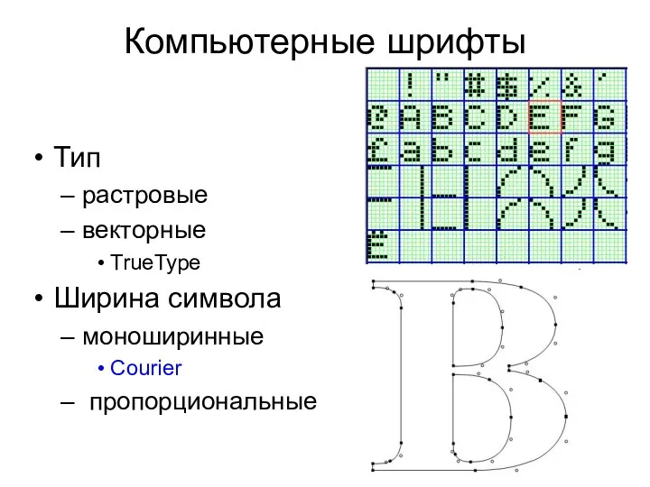 Компьютерные шрифты Тип растровые векторные TrueType Ширина символа моноширинные Courier пропорциональные