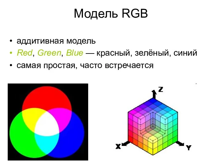 Модель RGB аддитивная модель Red, Green, Blue — красный, зелёный, синий самая простая, часто встречается