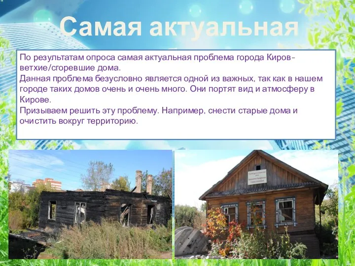 Самая актуальная проблема По результатам опроса самая актуальная проблема города Киров- ветхие/сгоревшие дома.