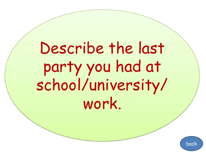 Describe the last party you had at school/university/work. back