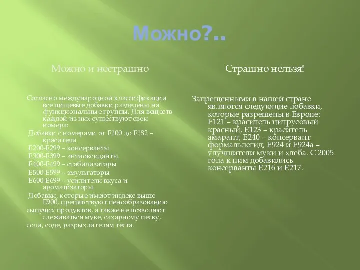 Можно?.. Можно и нестрашно Согласно международной классификации все пищевые добавки