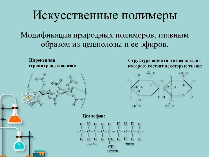 Искусственные полимеры Модификация природных полимеров, главным образом из целлюлозы и