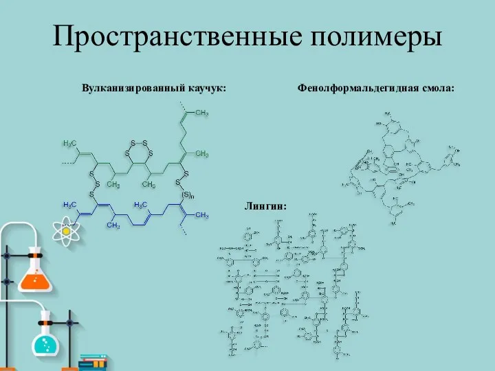 Пространственные полимеры Вулканизированный каучук: Фенолформальдегидная смола: Лингин: