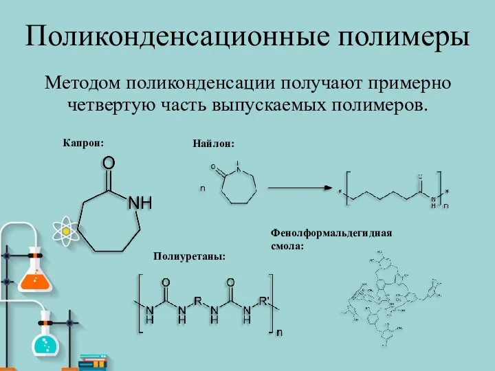 Поликонденсационные полимеры Методом поликонденсации получают примерно четвертую часть выпускаемых полимеров. Капрон: Найлон: Полиуретаны: Фенолформальдегидная смола: