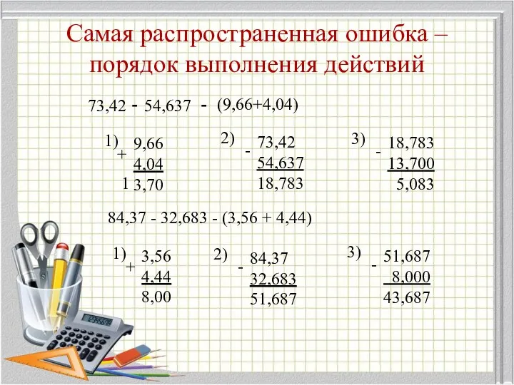 Самая распространенная ошибка – порядок выполнения действий - (9,66+4,04) 84,37 - 32,683 - (3,56 + 4,44)