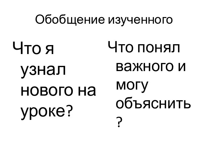 Обобщение изученного Что я узнал нового на уроке? Что понял важного и могу объяснить?