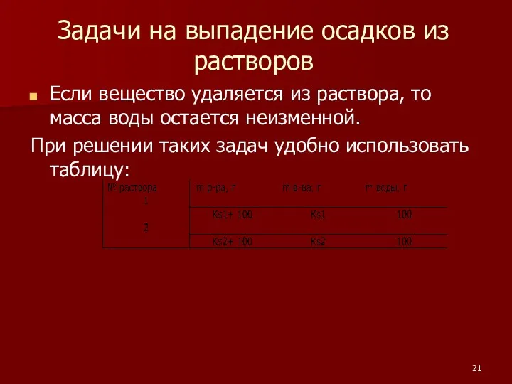 Задачи на выпадение осадков из растворов Если вещество удаляется из