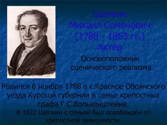 Щепкин Михаил Семёнович (1788 - 1863 гг.) Актёр Основоположник сценического