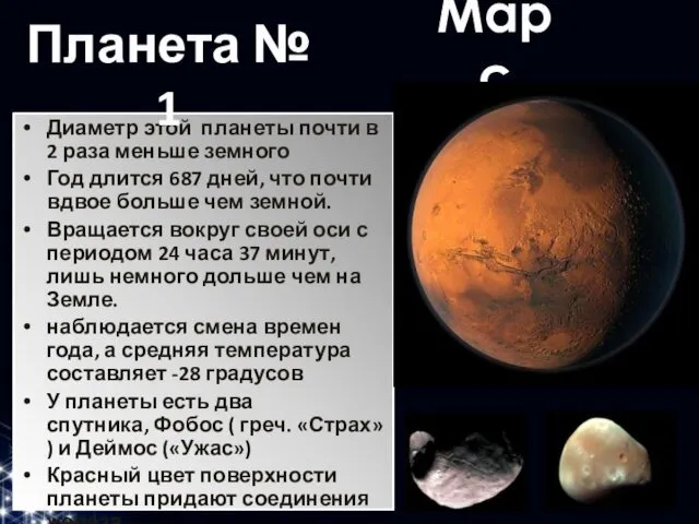 Марс Диаметр этой планеты почти в 2 раза меньше земного