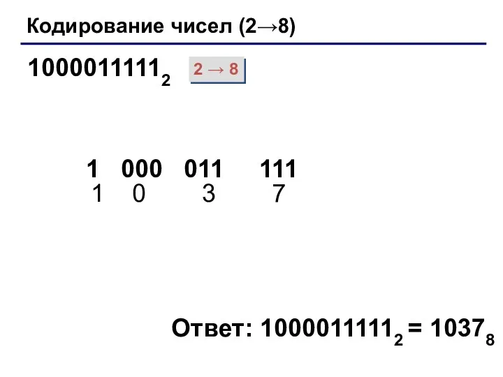 Кодирование чисел (2→8) 2 → 8 1 0 3 7