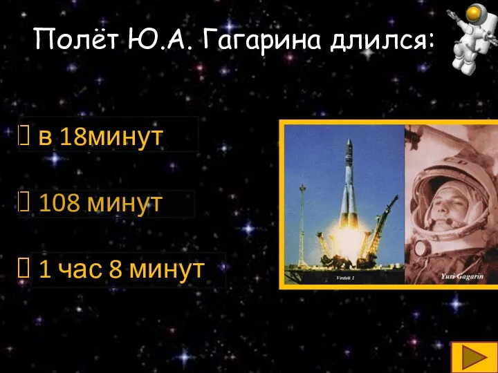 Полёт Ю.А. Гагарина длился: в 18минут 108 минут 1 час 8 минут