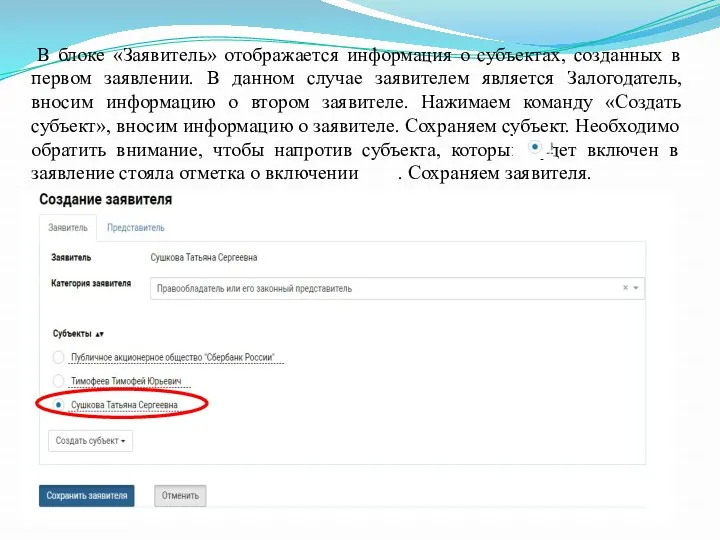 В блоке «Заявитель» отображается информация о субъектах, созданных в первом