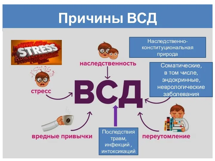 Причины ВСД Наследственно-конституциональная природа Соматические, в том числе, эндокринные, неврологические заболевания Последствия травм, инфекций , интоксикаций