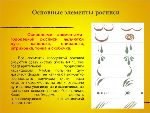 Основные элементы росписи Основными элементами городецкой росписи являются дуга, капелька,