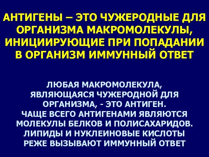 АНТИГЕНЫ – ЭТО ЧУЖЕРОДНЫЕ ДЛЯ ОРГАНИЗМА МАКРОМОЛЕКУЛЫ, ИНИЦИИРУЮЩИЕ ПРИ ПОПАДАНИИ