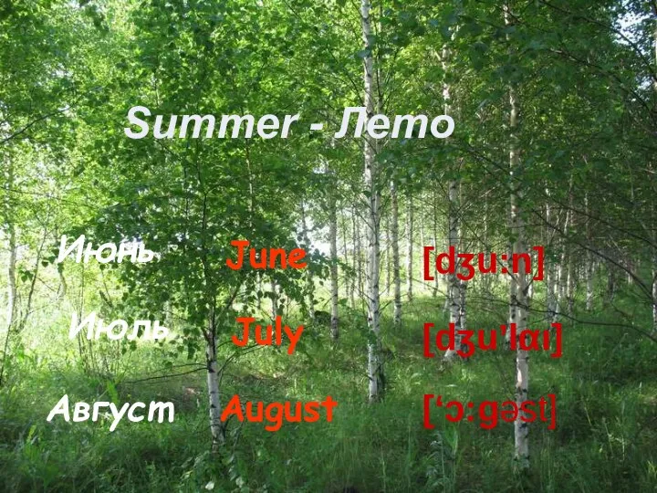 Summer - Лето August Июнь June Июль July Август [‘ɔ:gəst] [dʒu:n] [dʒu’lαı]