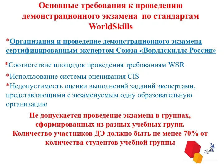 Основные требования к проведению демонстрационного экзамена по стандартам WorldSkills *Организация и проведение демонстрационного