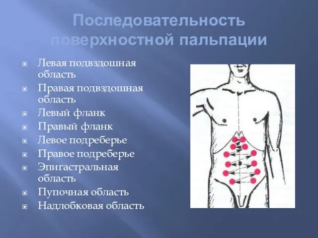 Последовательность поверхностной пальпации Левая подвздошная область Правая подвздошная область Левый