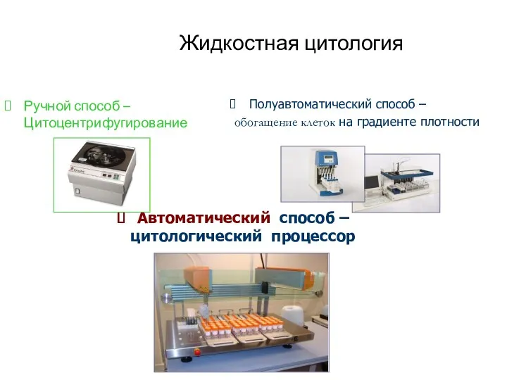 Жидкостная цитология Ручной способ – Цитоцентрифугирование Полуавтоматический способ – обогащение