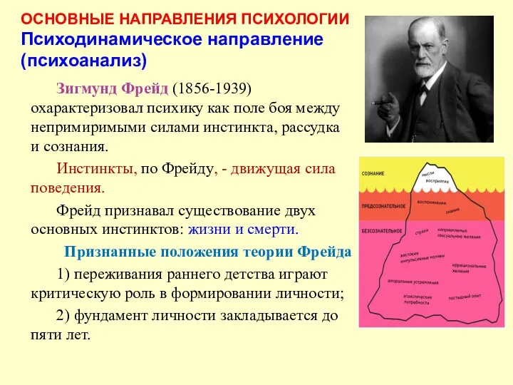 ОСНОВНЫЕ НАПРАВЛЕНИЯ ПСИХОЛОГИИ Психодинамическое направление (психоанализ) Зигмунд Фрейд (1856-1939) охарактеризовал