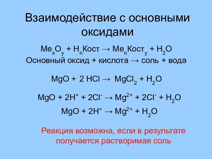 Взаимодействие с основными оксидами МеxOy + HnКост → МеnКостy +