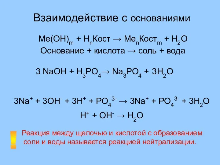 Взаимодействие с основаниями Ме(ОН)m + НnКост → MenКостm + H2O