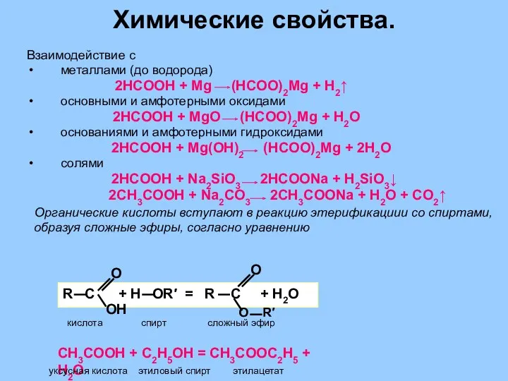 Химические свойства. Взаимодействие с металлами (до водорода) 2HCOOH + Mg