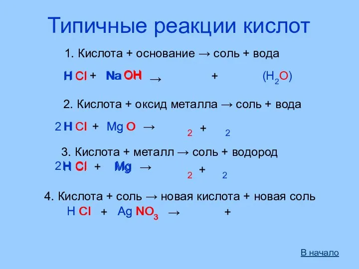 Типичные реакции кислот 1. Кислота + основание → соль +