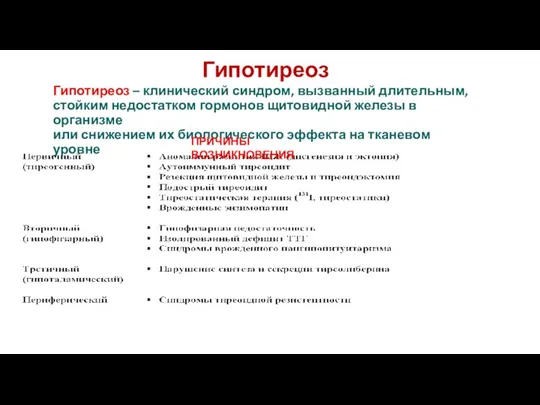 Гипотиреоз Гипотиреоз – клинический синдром, вызванный длительным, стойким недостатком гормонов