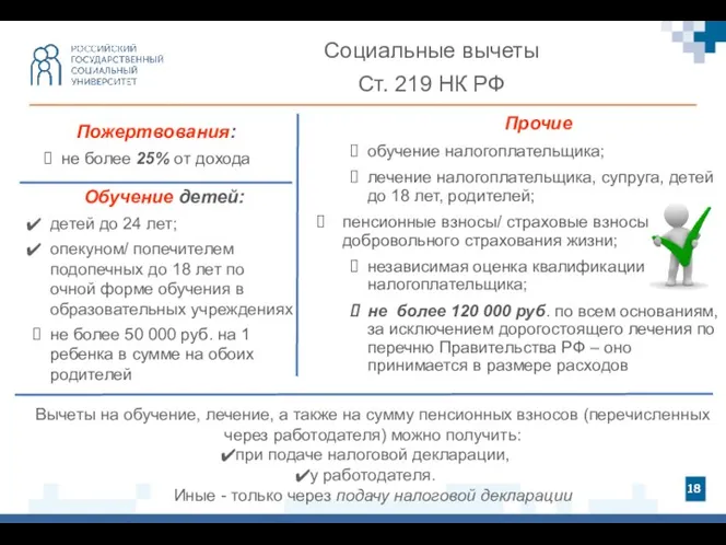 Социальные вычеты Ст. 219 НК РФ Прочие обучение налогоплательщика; лечение