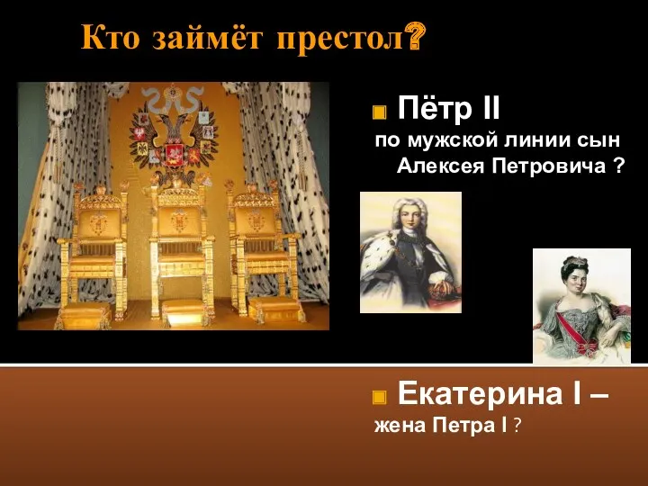 Кто займёт престол? Пётр II по мужской линии сын Алексея