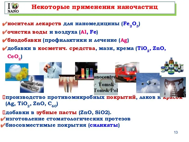 Некоторые применения наночастиц носители лекарств для наномедицины (Fe2O3) очистка воды