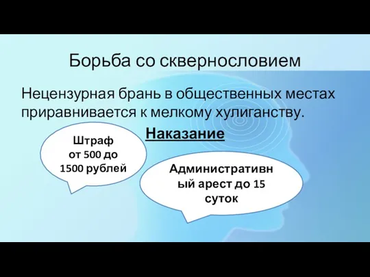 Борьба со сквернословием Нецензурная брань в общественных местах приравнивается к