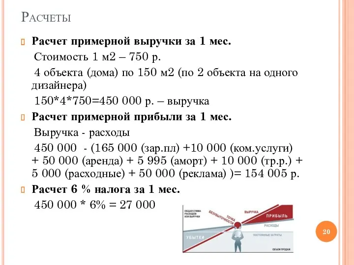 Расчеты Расчет примерной выручки за 1 мес. Стоимость 1 м2