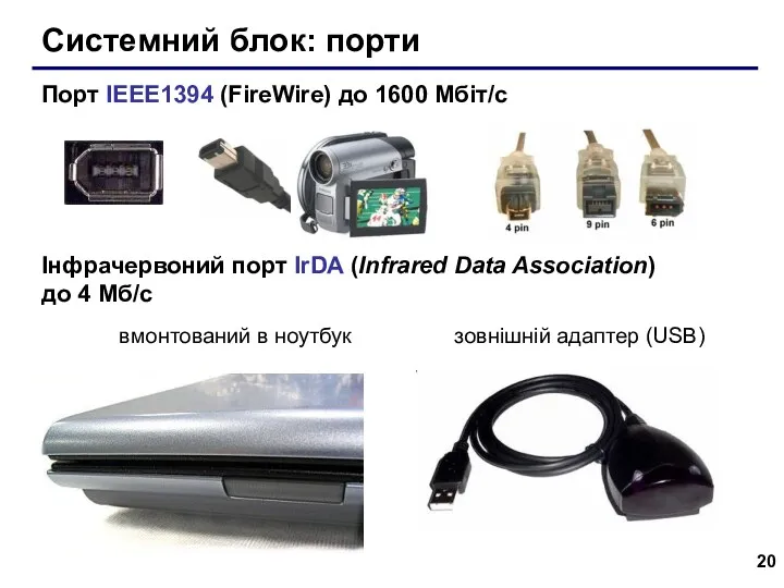 Системний блок: порти Порт IEEE1394 (FireWire) до 1600 Мбіт/c Інфрачервоний порт IrDA (Infrared