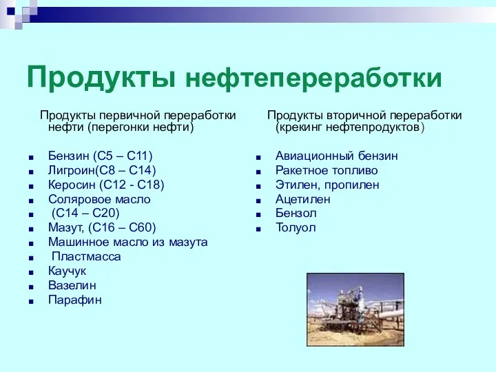 Продукты нефтепереработки Продукты первичной переработки нефти (перегонки нефти) Бензин (С5