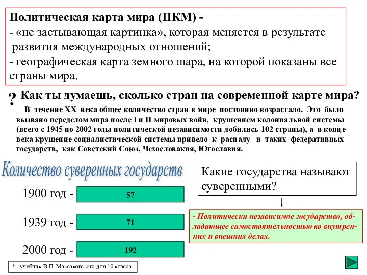 Политическая карта мира (ПКМ) - - «не застывающая картинка», которая