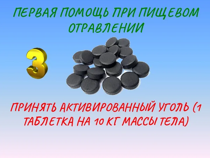 ПЕРВАЯ ПОМОЩЬ ПРИ ПИЩЕВОМ ОТРАВЛЕНИИ ПРИНЯТЬ АКТИВИРОВАННЫЙ УГОЛЬ (1 ТАБЛЕТКА НА 10 КГ МАССЫ ТЕЛА)