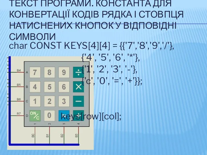 ТЕКСТ ПРОГРАМИ. КОНСТАНТА ДЛЯ КОНВЕРТАЦІЇ КОДІВ РЯДКА І СТОВПЦЯ НАТИСНЕНИХ