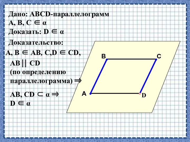 Дано: АВСD-параллелограмм А, В, С ∈ α Доказать: D ∈