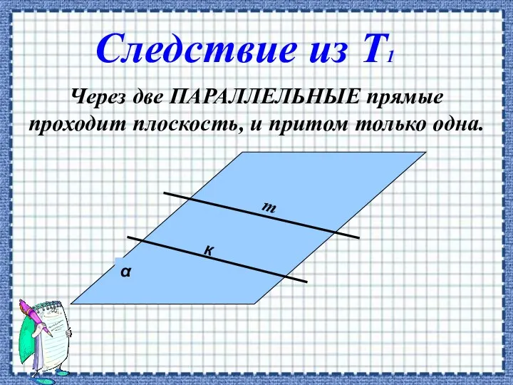 Через две ПАРАЛЛЕЛЬНЫЕ прямые проходит плоскость, и притом только одна. к Следствие из Т1