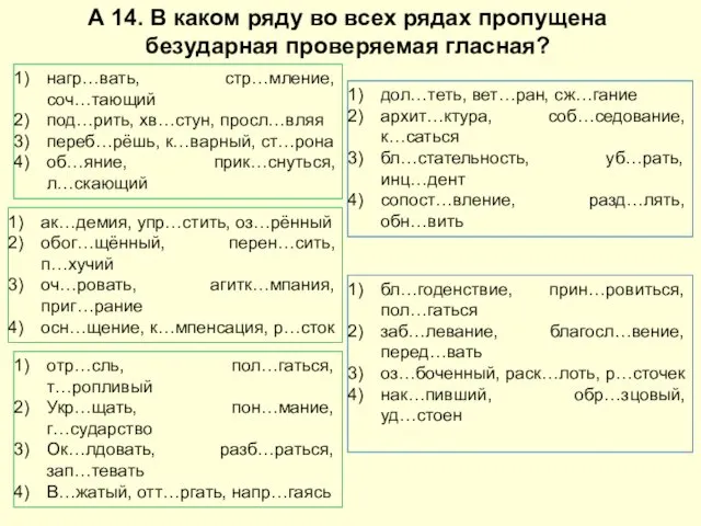 А 14. В каком ряду во всех рядах пропущена безударная