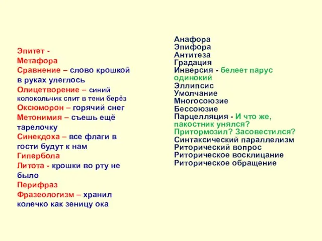 Эпитет - Метафора Сравнение – слово крошкой в руках улеглось