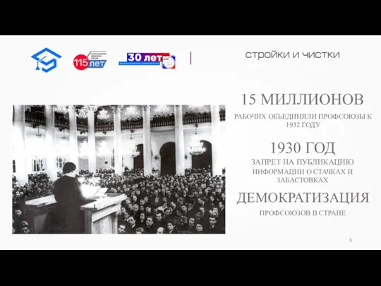 15 МИЛЛИОНОВ РАБОЧИХ ОБЪЕДИНЯЛИ ПРОФСОЮЗЫ К 1932 ГОДУ 1930 ГОД