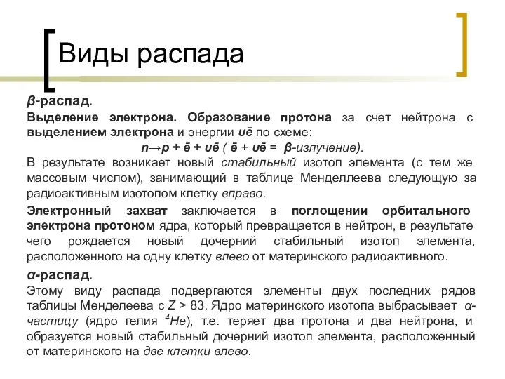 Виды распада β-распад. Выделение электрона. Образование протона за счет нейтрона