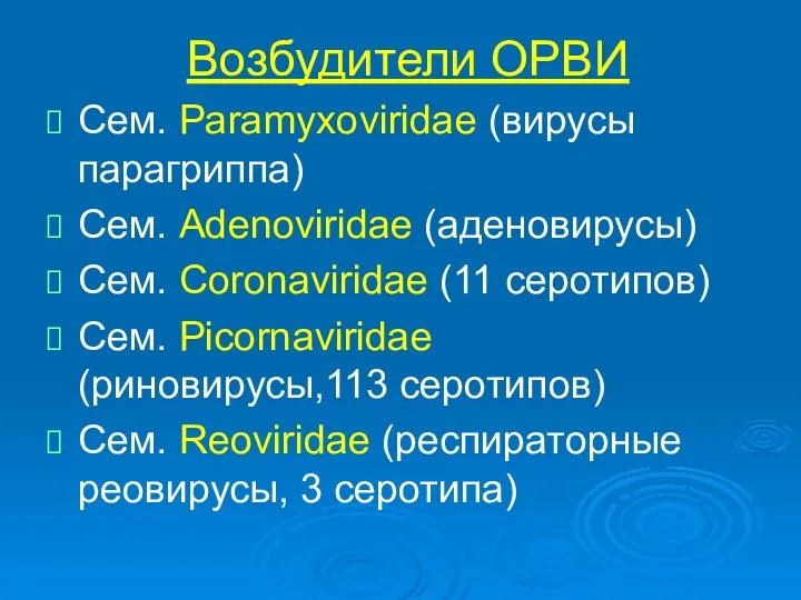 Возбудители ОРВИ Сем. Paramyxoviridae (вирусы парагриппа) Сем. Adenoviridae (аденовирусы) Сем. Coronaviridae (11 серотипов)